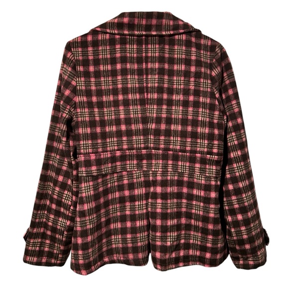 Wool Blend Plaid Button-Up Pea Coat with Pockets in Pink, Purple, Cream Size L - Picture 4 of 4